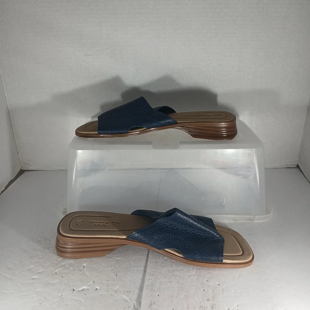Montego Bay Club Leather Slide Sandals 7.5 Navy Blue Wedge Coastal Summer